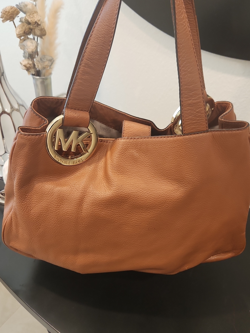 Michael Kors Tan Leather Shoulder Bag with Gold MK Emblem